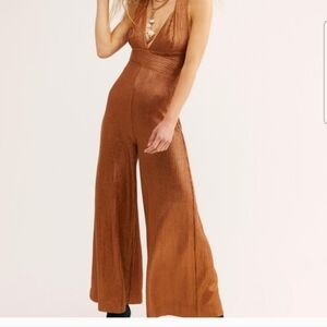 Free People Sienna Women's Ribbed Wide-Leg Jumpsuit in Copper